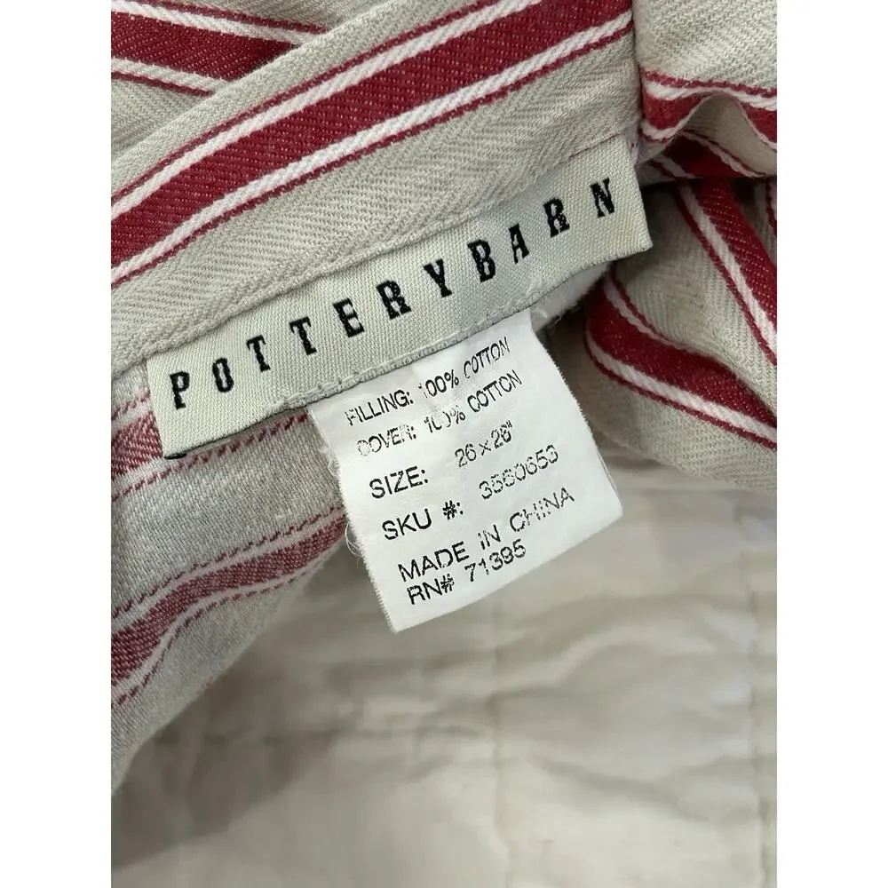 Pottery Barn Vintage Stripe Patchwork Quilted Pillow Sham Red & Ivory 26” X 26”